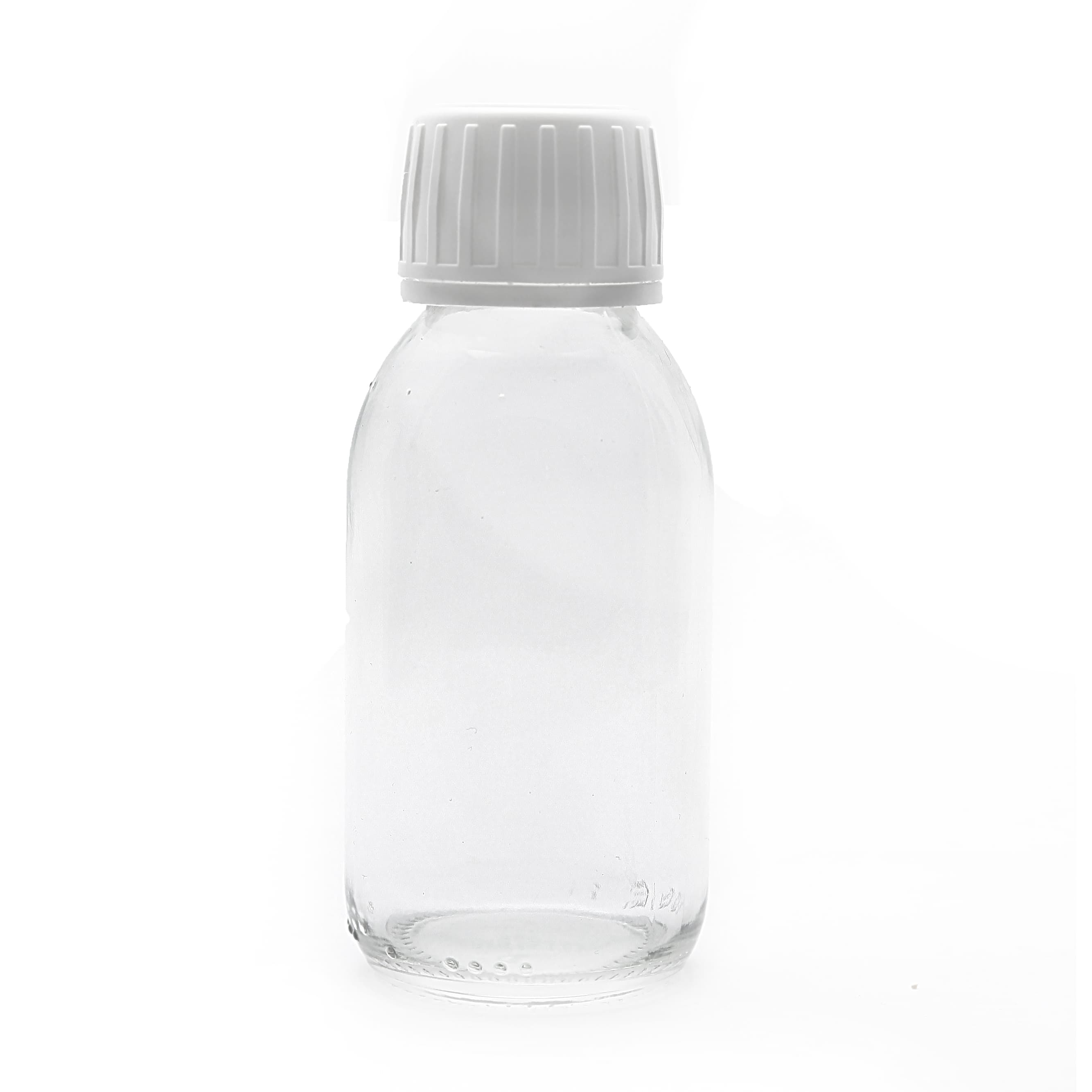100ml kirkas lasipullo, valkoinen korkki (30kpl)